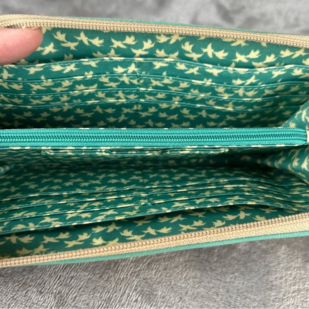 Fossil Zip‎ Around Woven Canvas Wallet Polka Dots Beige Tan With Turquoise Flaws
